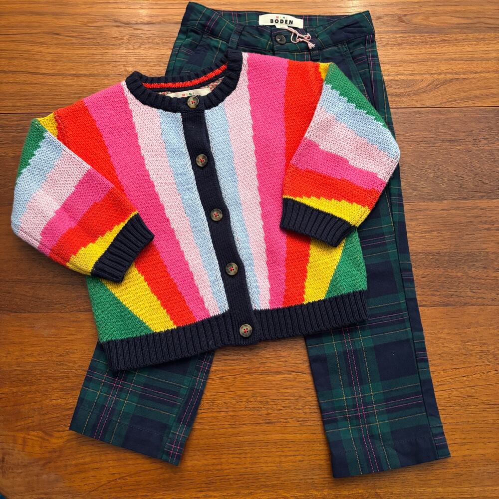 Mini Boden Girls Rainbow Sweater Cardigan and Plaid Pant Bundle Outfit NWOT 3T